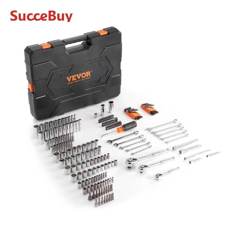 Conjunto de Ferramentas e Soquetes SucceBuy para Mecânica Soquetes Profundos e Padrão 145/205 Peças Conjunto de Ferramentas para Mecânica SAE e Métrico com Bits
