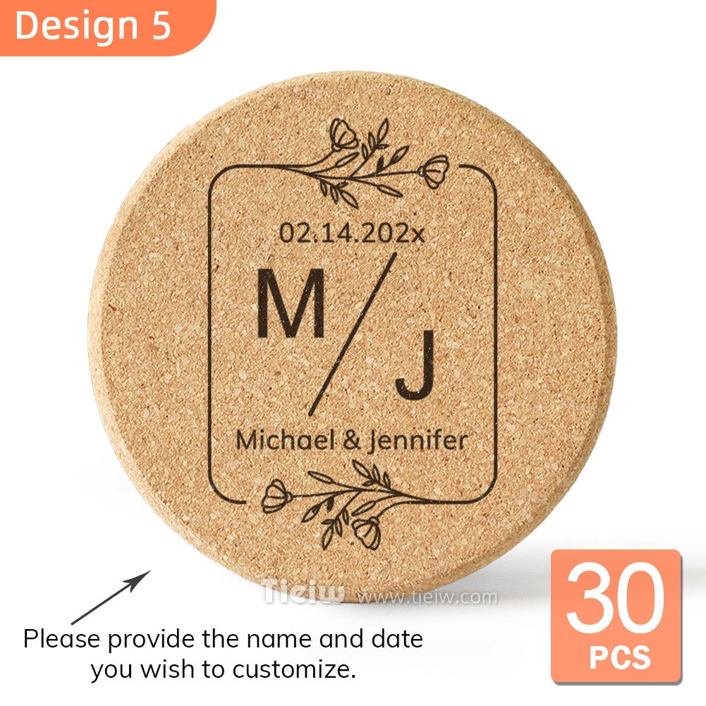 30pcs Personalized Cork Coasters-Tieiw Design-Wedding Favor for Guests Party Bridal Shower Corporate Engraved Coaster Gifts Bulk