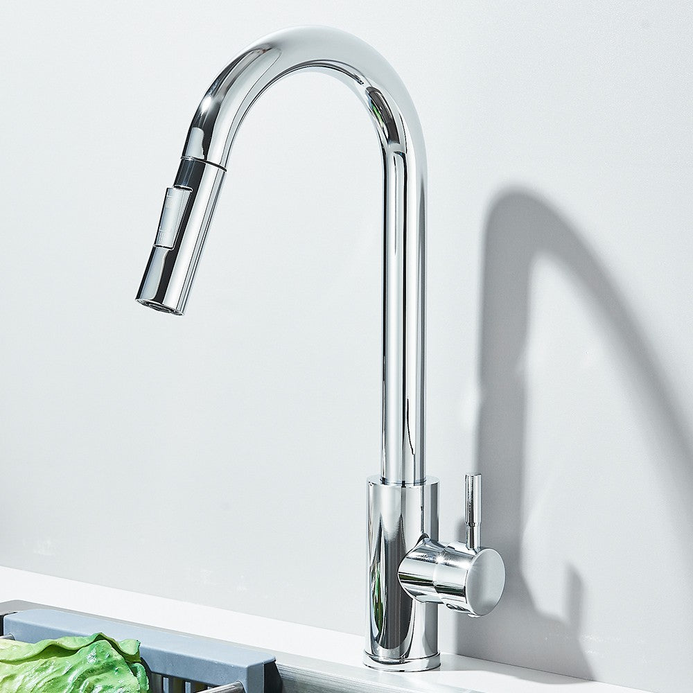 Torneira Misturadora de Cozinha Monocomando Quente e Frio com Bico Extensível e Duas Funções, Montada na Bancada