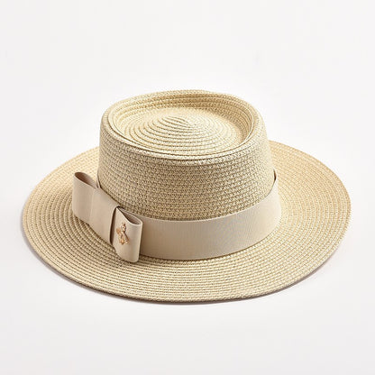 Novos Chapéus de Palha Primavera Verão Femininos de Superfície Ondulada, Topo Reto, Laço, Boné de Vestido, Chapéu de Sol para Viagem e Praia, Gorra