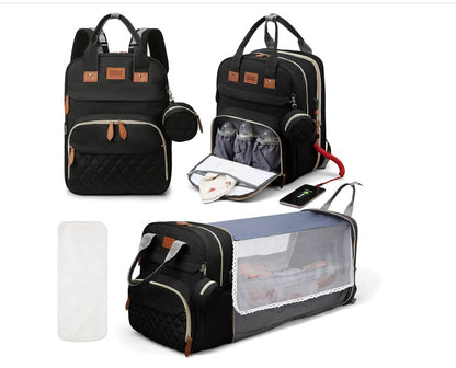 Mochila-berço 3 em 1 dobrável à prova d'água com USB para viagem e para troca de fraldas 3 tipos