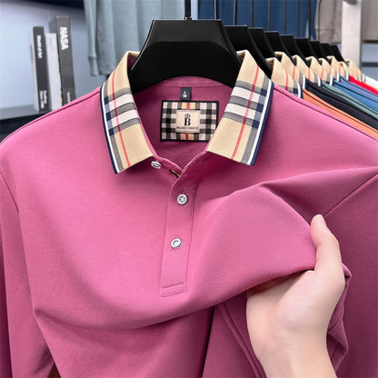 Luxury brand long sleeve polo shirt men comfortable casual autumn item silk cotton high-end Korean fashion plaid lapel T-shirt
