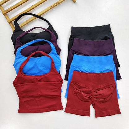 Yoga 2 Pieces Gym Set Women Backless Halter Tops High Waist Seamless Shorts Gym Suit Fitness Sports Bras Sportswear Workout Sets