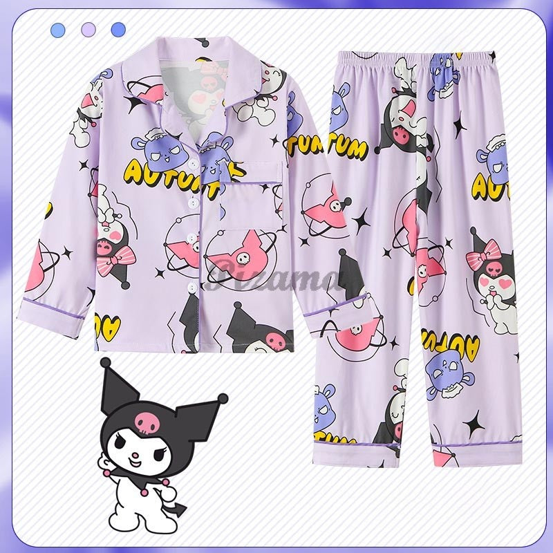 Children's Full Sleeve Button Down 2piece Kuromi Girls Pajamas Sets Boys Cinnamorolls Pyjamas Suits Kids Loungewear Homewear