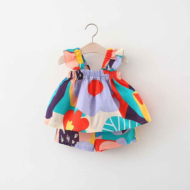 Baby Girls Clothing Sets Summer Suspender Top Color Matching Floral Vest + Children'S Casual Pants Little Kids Clothes Suit