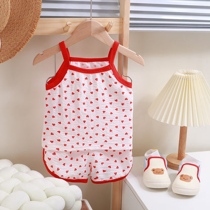 Summer Children Sling Shorts Set Fashion Flower Girls Kids Thin Breathable Pajamas Cute Cartoon Baby Toddler Home Clothes