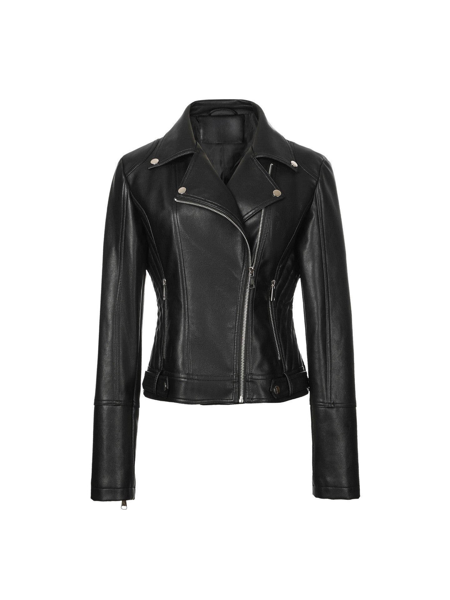 ? Biker Style Pu Leather Jacket for Women - Vegan Faux Motorcycle Jacket with Zipper & Buttons (Black/White/Red/Green)