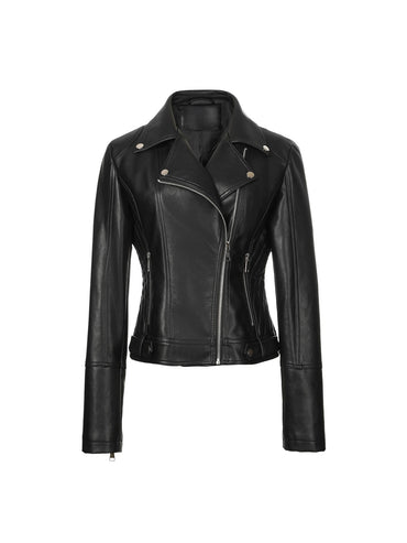 ? Biker Style Pu Leather Jacket for Women - Vegan Faux Motorcycle Jacket with Zipper & Buttons (Black/White/Red/Green)