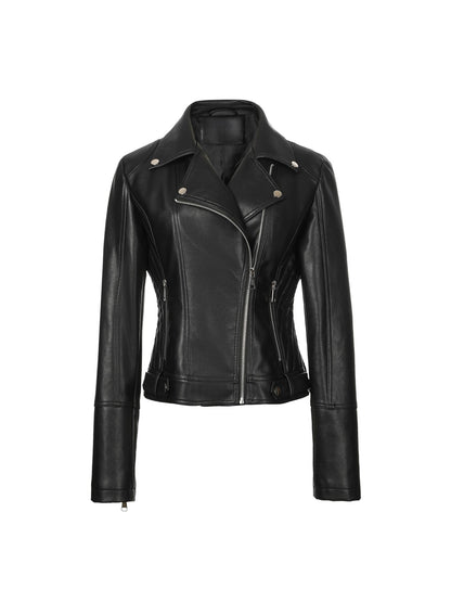 ? Biker Style Pu Leather Jacket for Women - Vegan Faux Motorcycle Jacket with Zipper & Buttons (Black/White/Red/Green)