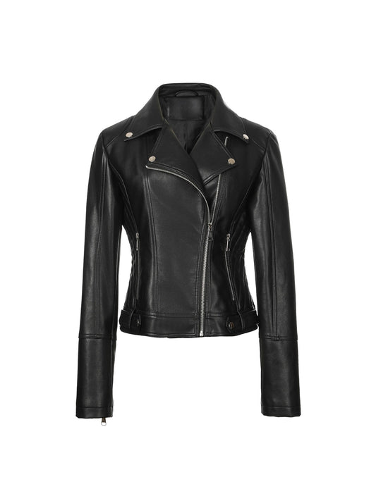 ? Biker Style Pu Leather Jacket for Women - Vegan Faux Motorcycle Jacket with Zipper & Buttons (Black/White/Red/Green)