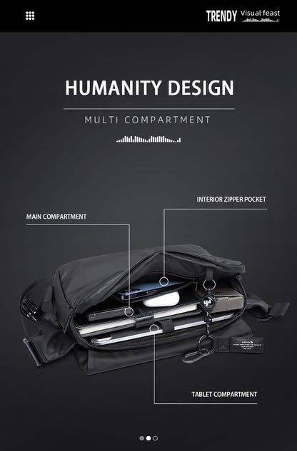 Waterproof Crossbody Bag Men Large Capacity 15 inch Laptop Fashion Shoulder Bag Solid Black Light Portable Anti-theft Zipper Bag