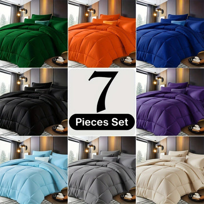 Edredom Xadrez Luxuoso de 5/7 Peças, Microfibra Macia, Respirável, Fácil de Cuidar para Todas as Estações, Conjunto de Cama com Alternativa de Pena de Ganso