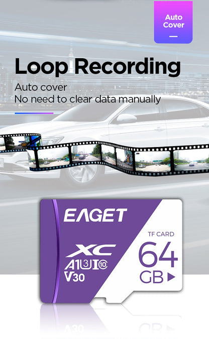 Cartão de Memória Eaget 256GB 128GB 32GB Cartão TF SD A1 V30 Classe10 UHS-1 64GB Alta Velocidade Compatível com Câmera Veicular Câmera de Vigilância