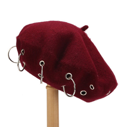 Fashion Winter Berets For Women girl Punk Rock Style Iron Rings Beret Caps Retro Wool Hats Black Woolen Painter Caps