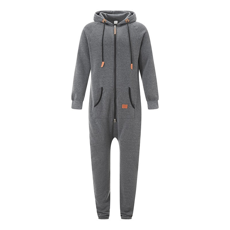 Men's Hooded Fleece Lining Jumpsuit Autumn Winter Warm Long Sleeve Full Zipper Overalls with Kangaroo Pockets Night Clothes