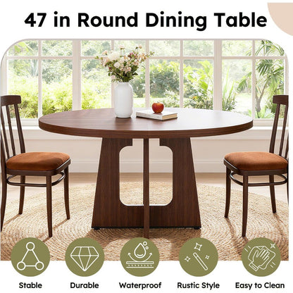 47" Round Dining Table for 4-6, Farmhouse Wood Circular Kitchen Tables, Dark Brown Retro Circle Dinner Table Easy Assembly