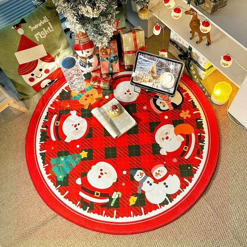 VIKAMA Christmas Winter Warm Round Rug For Living Room, Bedroom, Side Of Bed, Anti-Slip Hat Stand Pad, Holiday Home Decoration