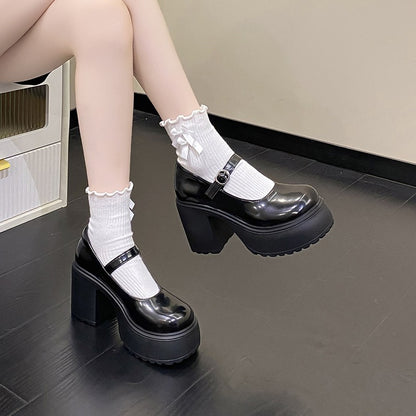 Sapatos Mary Jane Pretos de Salto Agulha Feminino 2023 Gótico Plataforma Grossa Bombas Sapatos Femininos Plus Size com Fivela no Tornozelo para Festa Lolita 42