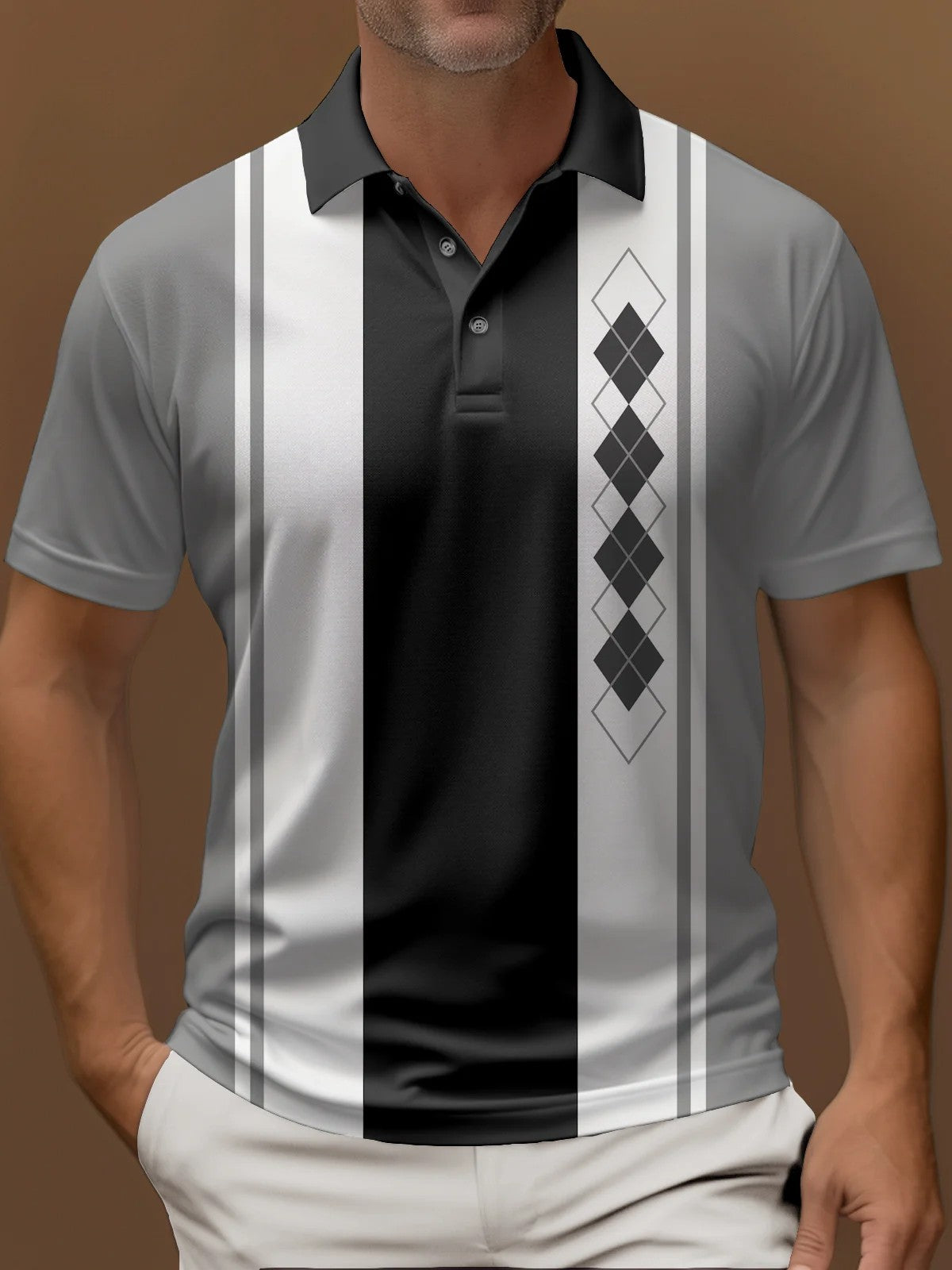 2025 men's t-shirt fashion casual home polo shirt 3d printing gradient stripe printing men's street lapel button polo