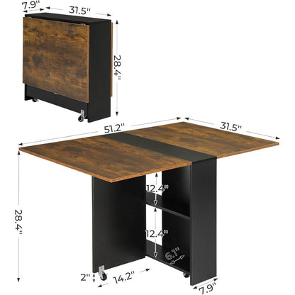 Folding Dining Table with 6 Wheels, Drop Leaf Tables for Small Spaces, Foldable Dining Table with 2-Layer Storage Rack