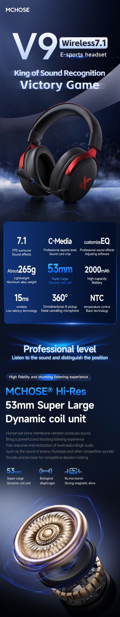 MCHOSE V9 PRO 7.1 Headphones Tri-Mode BT Wireless Low-Latency Gaming E-Sports Headset With Noise Reduction Mic For PC PS4 PS5