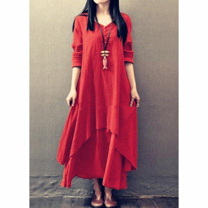 Summer Women Boho Vintage cotton and linen pocket dress Fake Two-piece Literary Irregular Large Swing Dress Robe double-layer