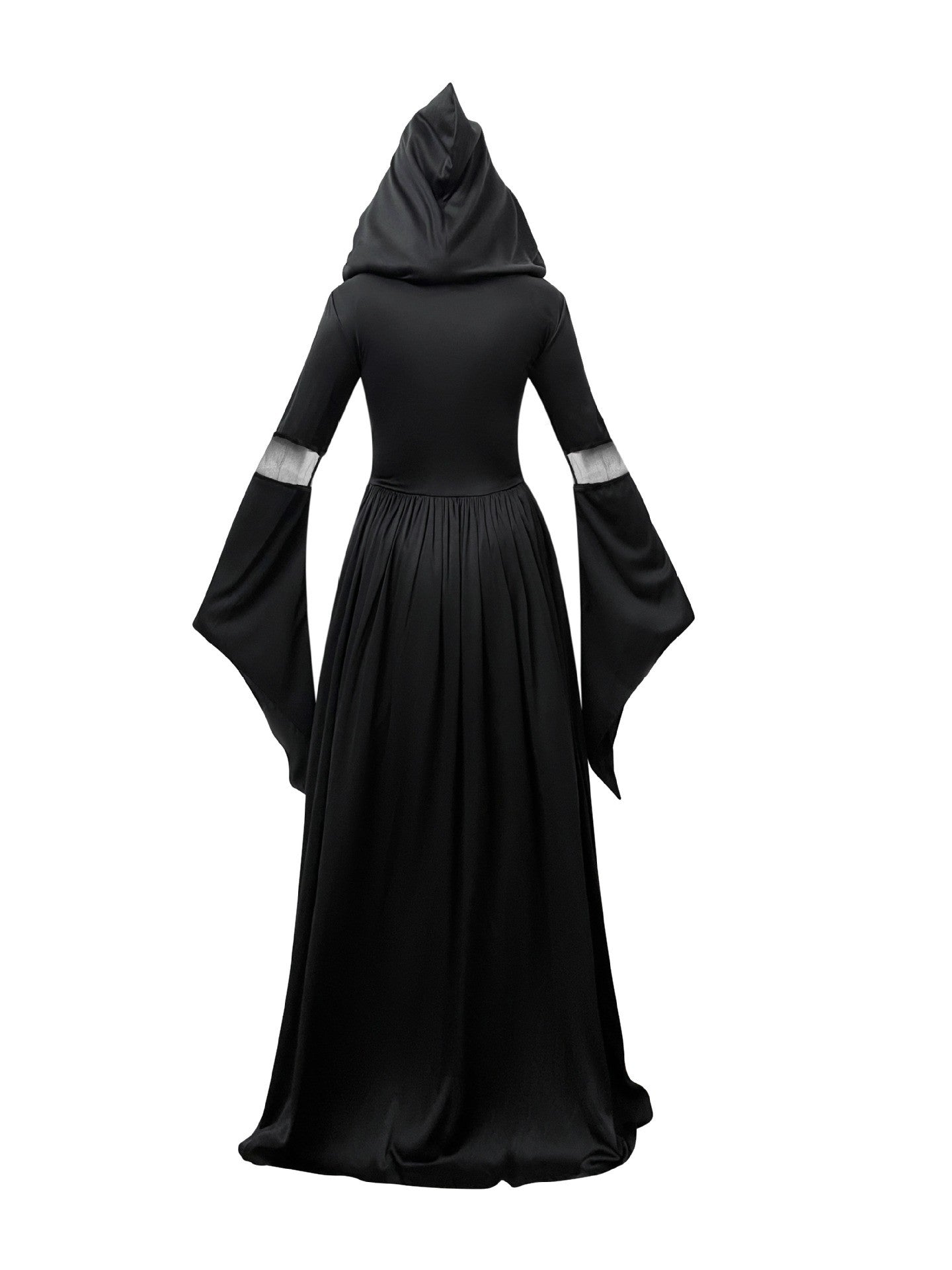 Halloween Witch Dress Gothic Vintage Dark-Style Hooded Vampire Dresses Bell Sleeves Full Skirt Waist Cinched Festival Party Gown