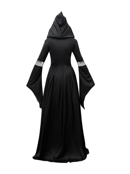 Halloween Witch Dress Gothic Vintage Dark-Style Hooded Vampire Dresses Bell Sleeves Full Skirt Waist Cinched Festival Party Gown