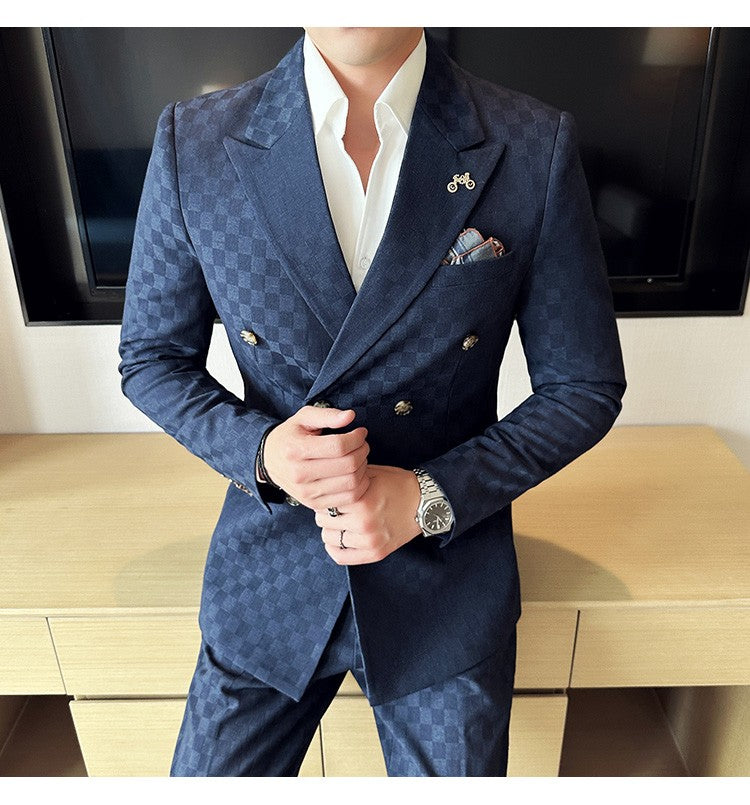 (Jacket+Pants)Luxury Checkered Double Breasted Suit  2 Pieces Fashion Business Slim Fit Social   Formal Suit Evening Dress 5XL-M