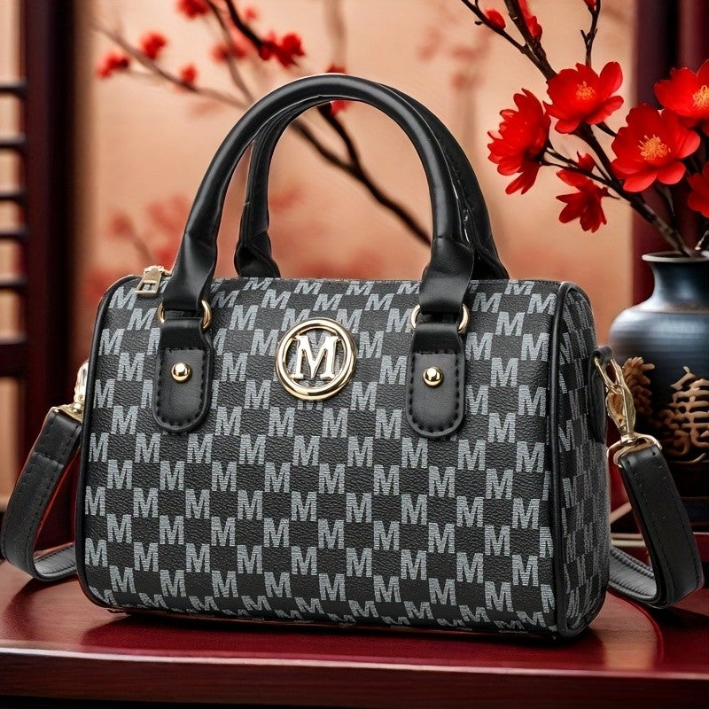 Women's Small Shoulder Crossbody Bag with Golden "M" Design, Synthetic Faux Leather Purse for Work, Travel, Parties & Gifts