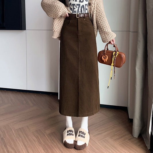 Vintage High Waist Winter Long Skirts For Women Elegant Office Wear Solid Corduroy Pencil Skirt With Belt Wrap Falads Largas