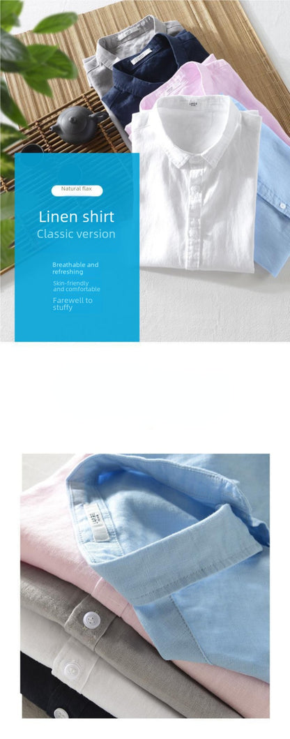 Short Sleeve Linen Shirt Men Simple Casual Retro Loose Style Youth Thin Basic Half Sleeve Cotton Linen Clothing