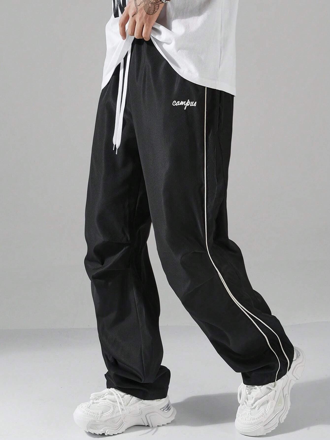 Men's Casual Letter Pattern Contrast Piping Drawstring Waist Trousers