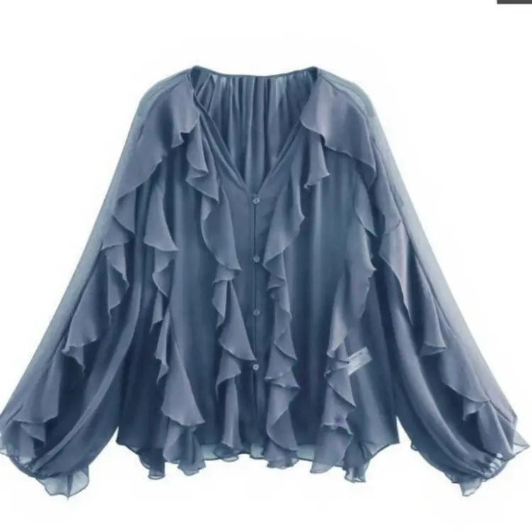 2025 Summer Chic Women's Elegant Loose Long Sleeve Layered Shirts Office Lady Vintage V-neck Translucent Tierred Ruffles Blouses