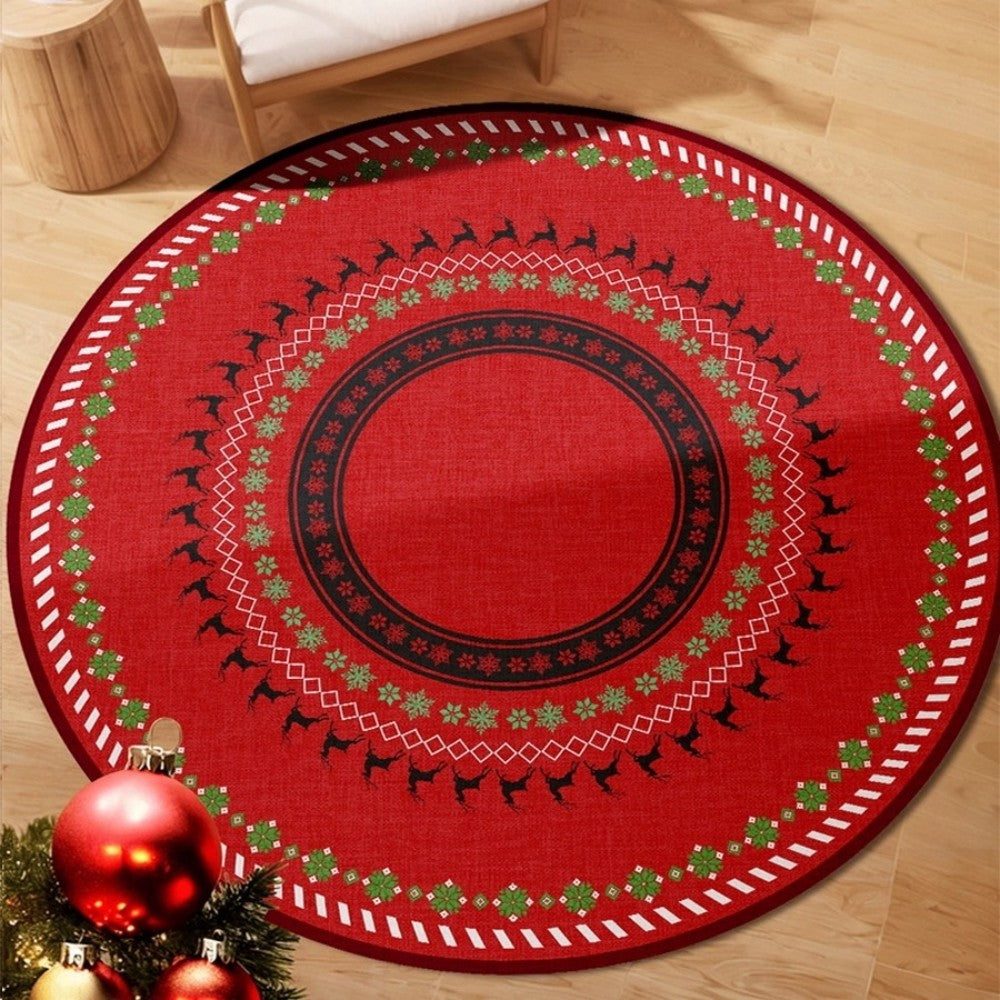 VIKAMA Christmas Theme Round Rug Reindeer Christmas Tree Pattern Living Room Rug Christmas Ambience Decoration