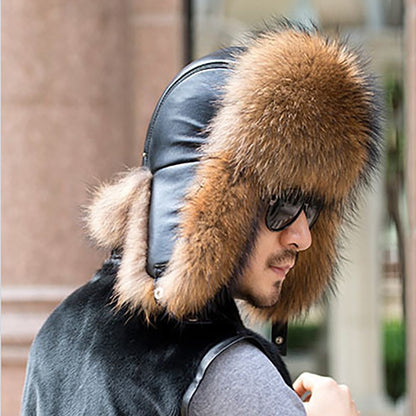 Inverno Masculino 100% Real Prata Raposa Pele Chapéu Bomber Guaxinim Pele Ushanka Cap Trapper Russo Homem Esqui Chapéus Bonés Couro Genuíno
