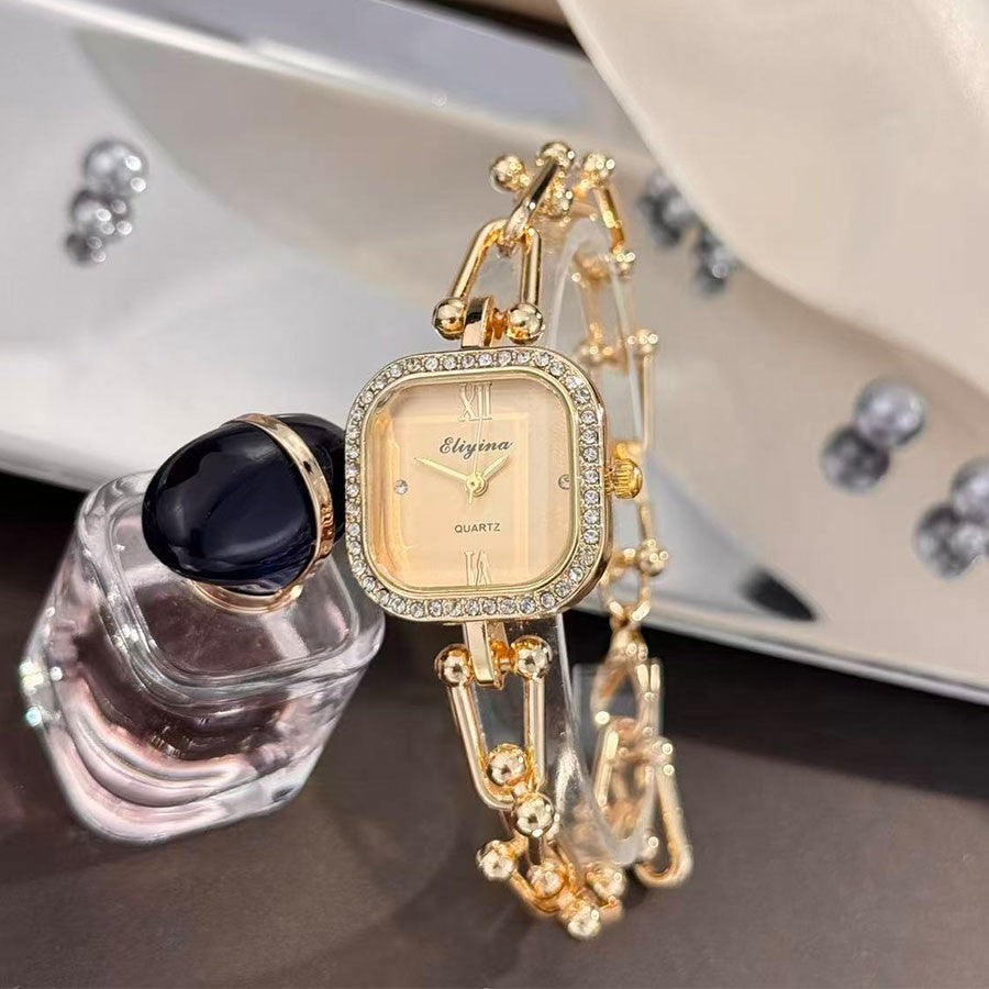 Luxury Minimalist Bracelet Watch Creative Square Multi-Faceted Glass Quartz Movement Chain Mid-century Small High-End Acces