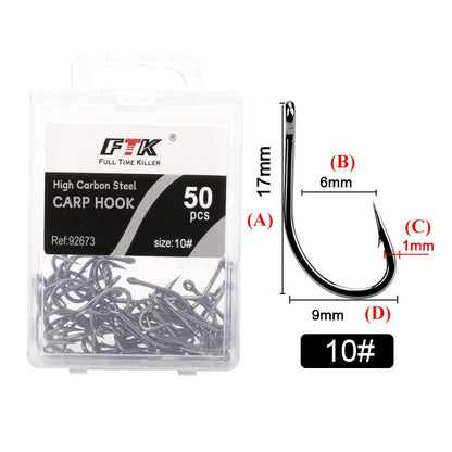 FTK 50 Unidades/Caixa Anzol de Pesca com Mosca de Aço de Alto Carbono Anzol Afiado com Farpa Anzol Curvo com Abertura Larga Reforçado para Pesca de Carpa em Córregos