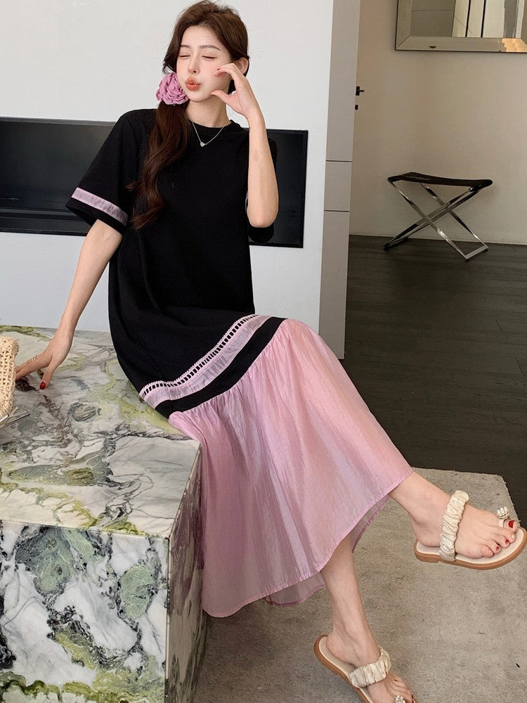 NYFS 2025 Summer Dress Loose plus Size Black Patchwork Pink Hem Long Dresses Robe Elbise Short Sleeve Korean Style Woman Dress