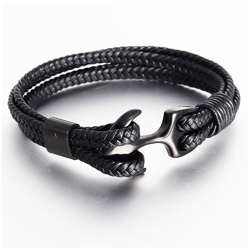 Pulseiras de Âncora Punk de Aço Inoxidável Pulseira de Couro Genuíno e Braceletes Masculinos Joias Pretas Presente de Moda