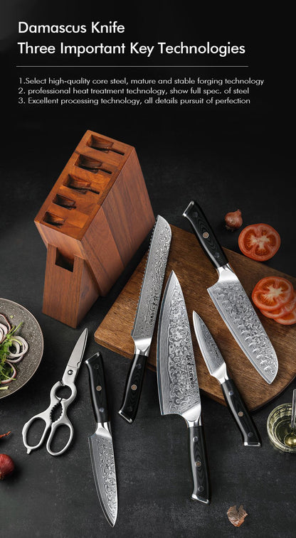 TURWHO Melhores Utensílios de Cozinha de 1 ou 7 Peças, Conjunto Profissional de Aço Damasco de 67 Camadas Com Excelente Bloco de Facas de Madeira de Acácia