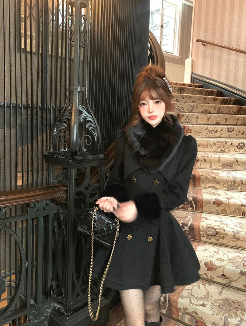Vintage Black Wool Blends Coats Women Elegant Faux Collar Woolen Jacket Korean Long Sleeve Outerwears Winter Design Overcoat New