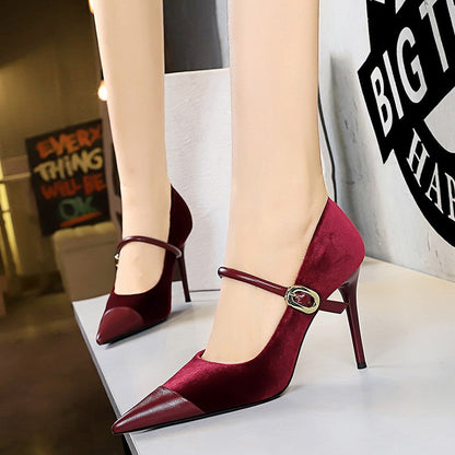 Korean Version Party 10cm 7cm High Heels Women Shoes Thin Heels Velvet Shallow Montage Pointed Toe Metal One-line Buckle Pumps