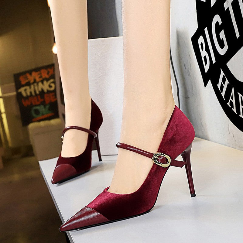 Korean Version Party 10cm 7cm High Heels Women Shoes Thin Heels Velvet Shallow Montage Pointed Toe Metal One-line Buckle Pumps