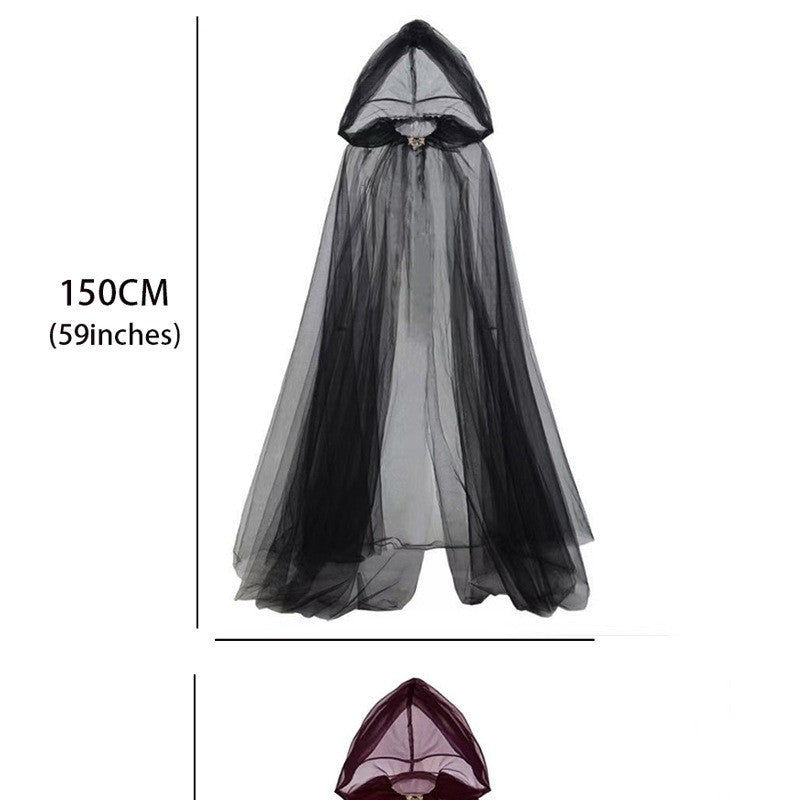 Halloween Ghost Cosplay Outfit Long Mesh Hooded Cloak Grim Reaper Witch Costume For Stage Performance Party Show