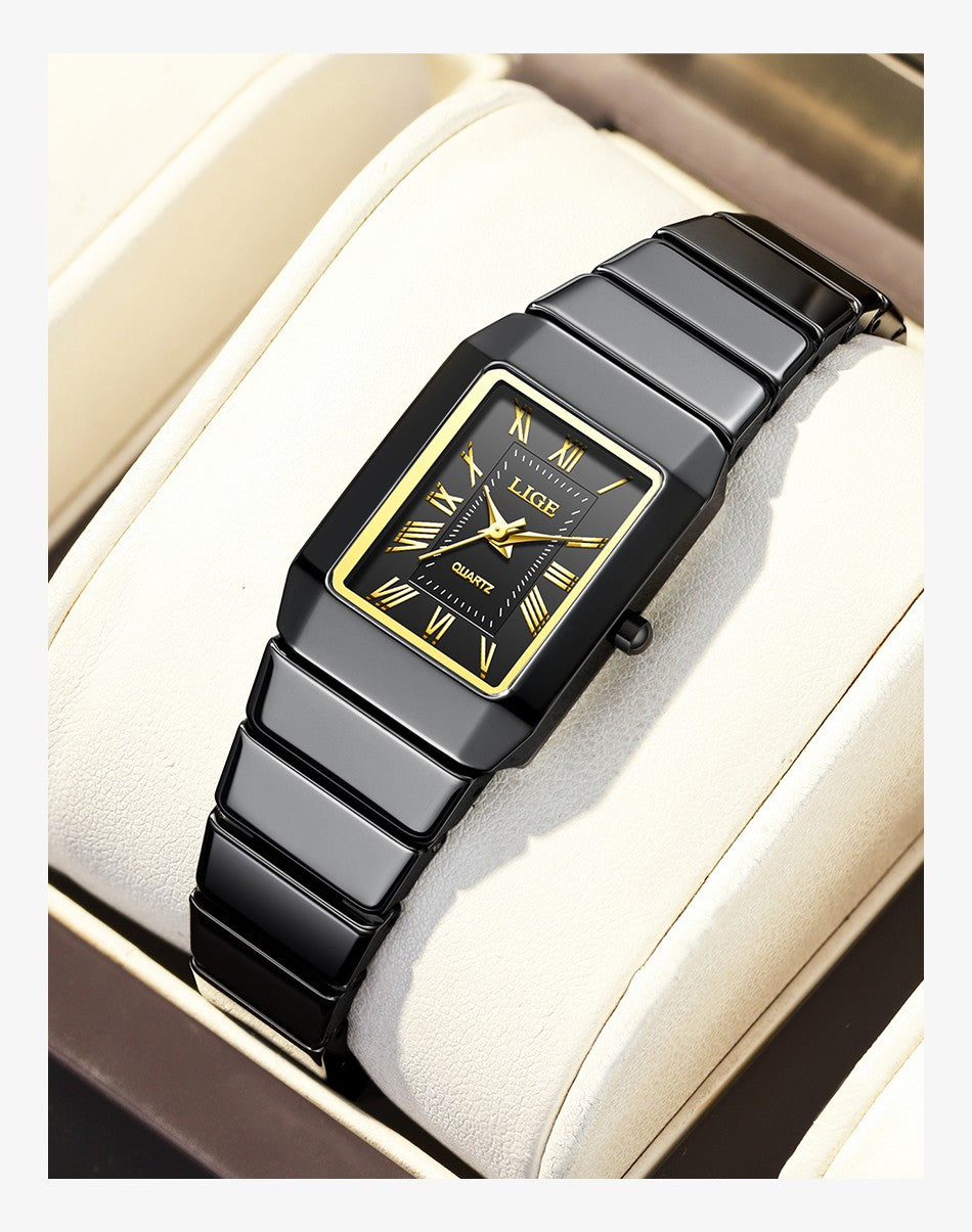 LIGE New Black Watch Women Fashion Creative Square Stainless Steel Ladies Waterproof Watches Elegant Bracelet Quartz Wristwatch