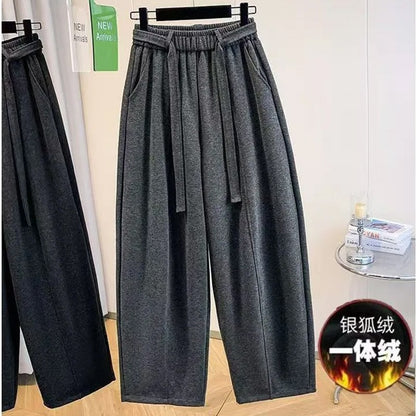 2025 Autumn Winter New All-match Fashionable Solid Color Elastic Waist Wide Leg Pants Women Clothes Casual Drawstring Trousers