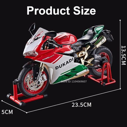 Modelos de motocicleta em miniatura 1:9 Scale 1299 V4S Brinquedos de motocicleta de liga leve com som, luz e absorção de choque, motocicletas de ornamento para presentes infantis