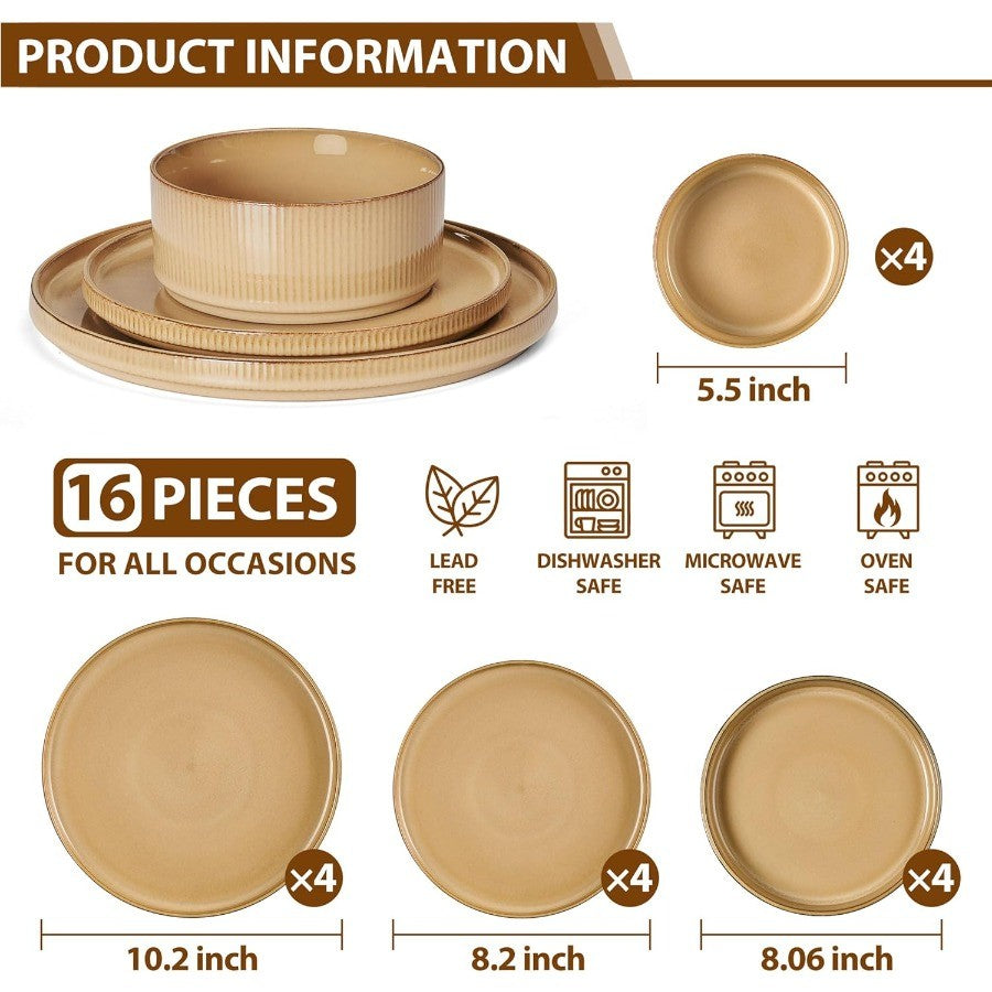 16 Piece Dinnerware Sets with Double Bowls Ceramic Plates and Bowls Set for 4 Ribbed Stoneware Dishes Microwave and Dishwasher