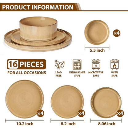 16 Piece Dinnerware Sets with Double Bowls Ceramic Plates and Bowls Set for 4 Ribbed Stoneware Dishes Microwave and Dishwasher